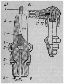 Свеча зажигания (а) и наконечник свечи (б)