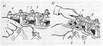 Проверка (а) и регулировка (б) зазора между торцами наконечника и стержней клапанов